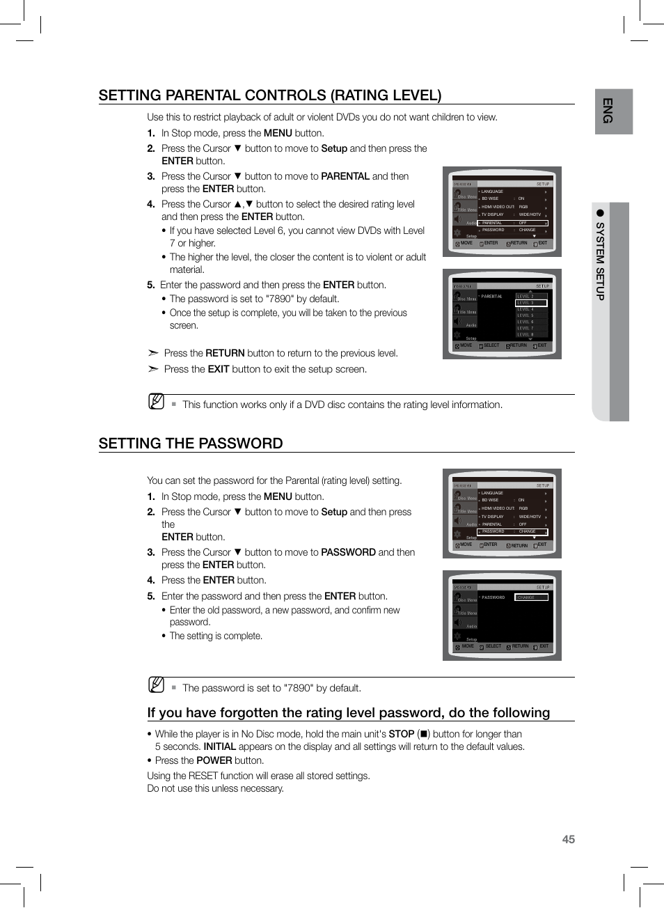 Setting parental controls (rating level), Setting the password, En g | Samsung HT-TZ222 User Manual | Page 45 / 64