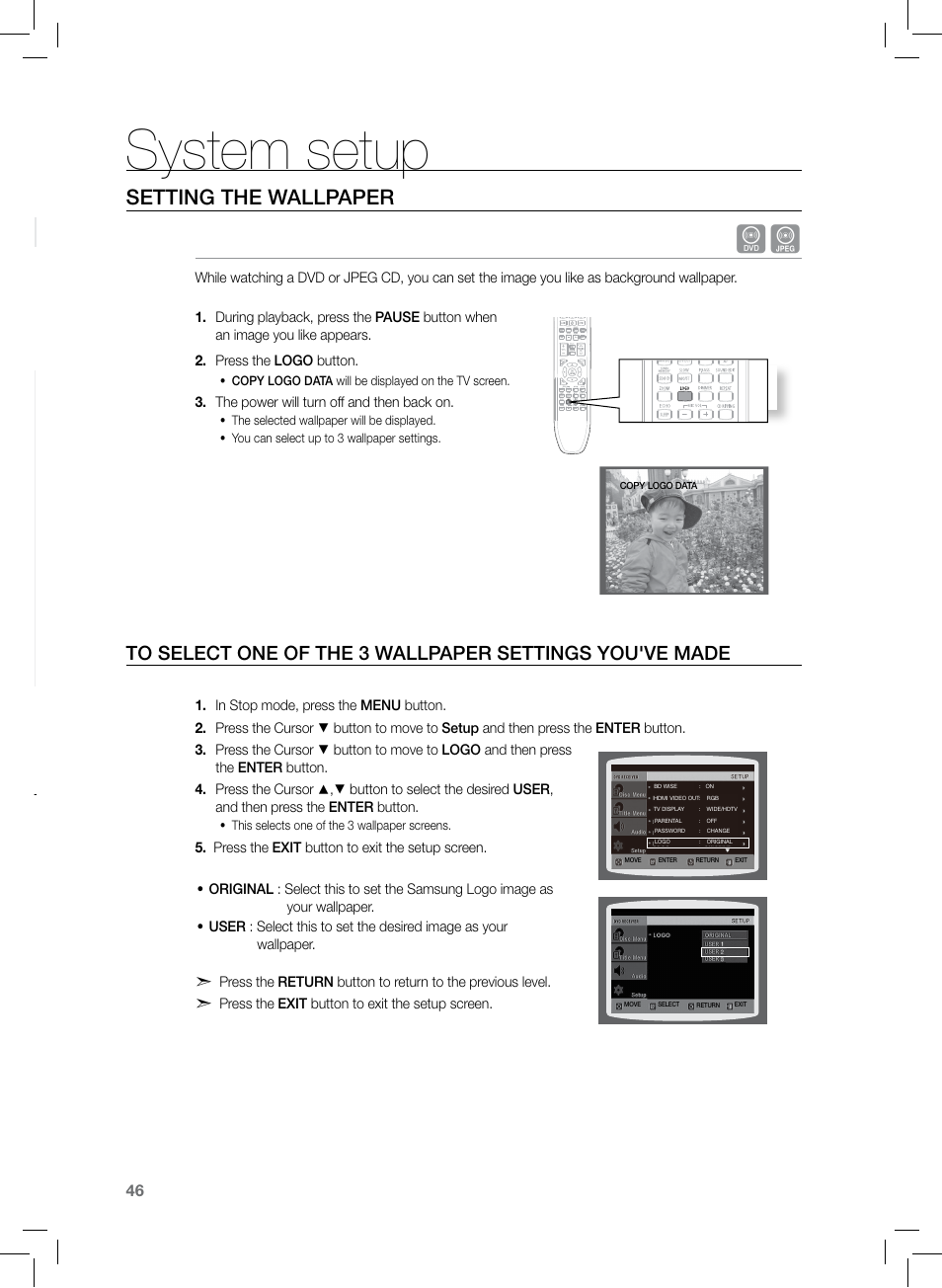 System setup, Setting the wallpaper, Divx (r) registration | Samsung HT-TZ222 User Manual | Page 46 / 64
