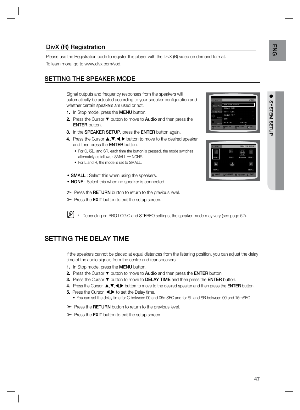 Setting the delay time, Setting the speaker mode, Divx (r) registration | En g | Samsung HT-TZ222 User Manual | Page 47 / 64