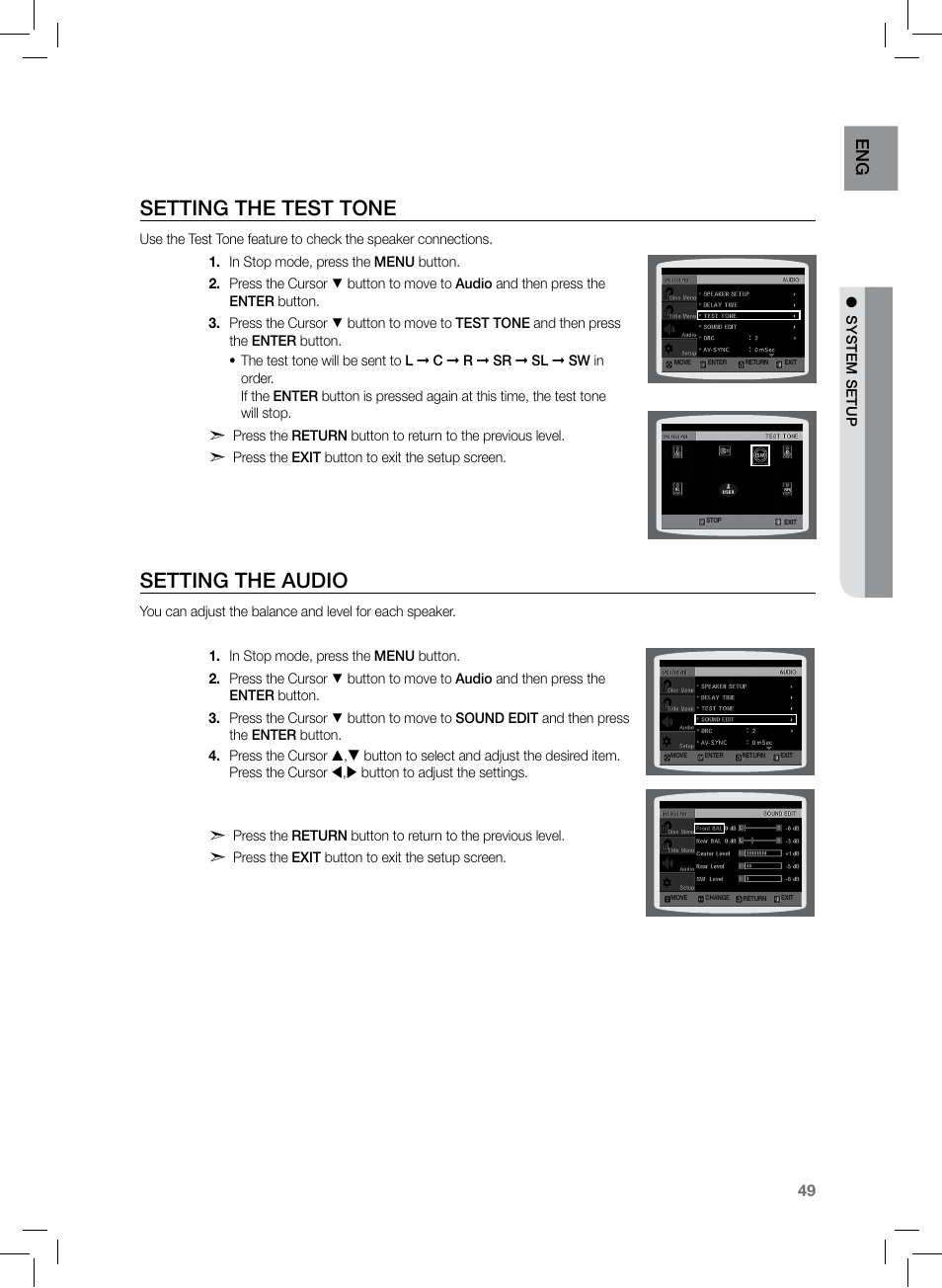 Setting the test tone, Setting the audio, En g | Samsung HT-TZ222 User Manual | Page 49 / 64