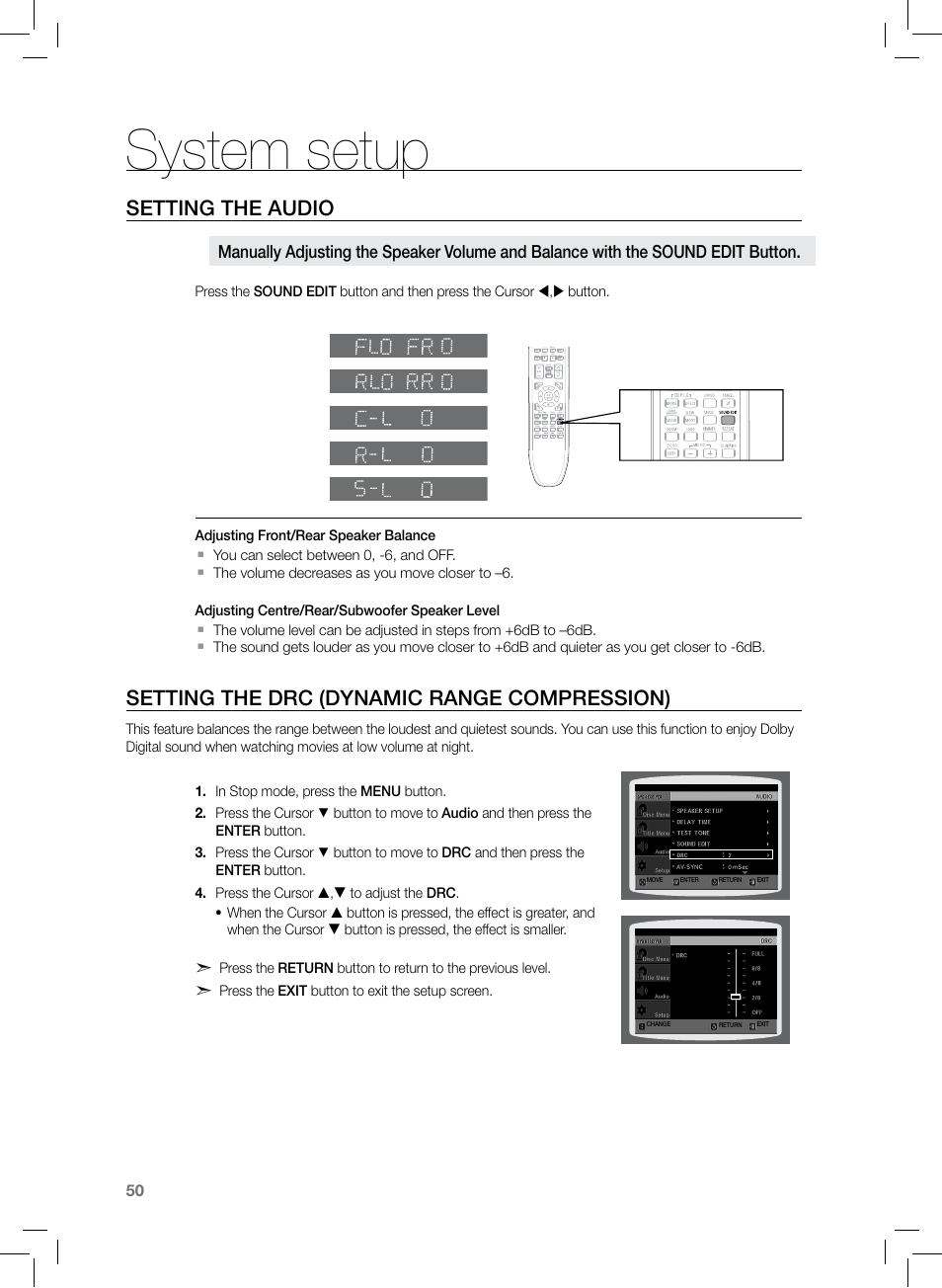 System setup, Setting the audio, Setting the drc (dynamic range compression) | Samsung HT-TZ222 User Manual | Page 50 / 64