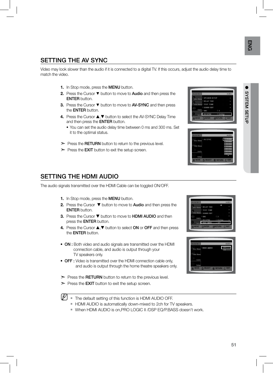 Setting the av sync, Setting the hdmi audio, En g | Samsung HT-TZ222 User Manual | Page 51 / 64