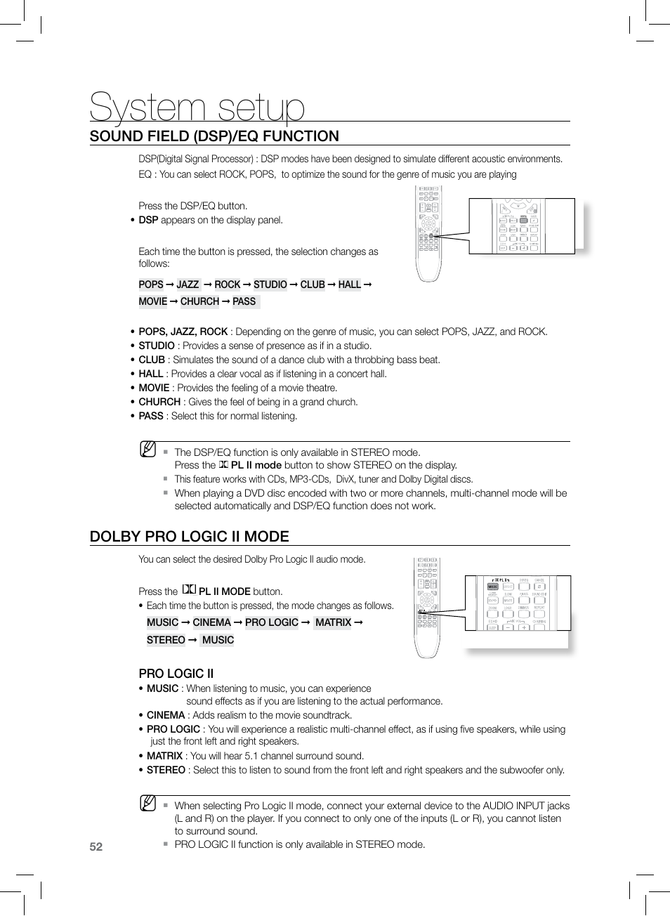 System setup, Sound field (dsp)/eq function, Dolby pro logic ii mode | Samsung HT-TZ222 User Manual | Page 52 / 64