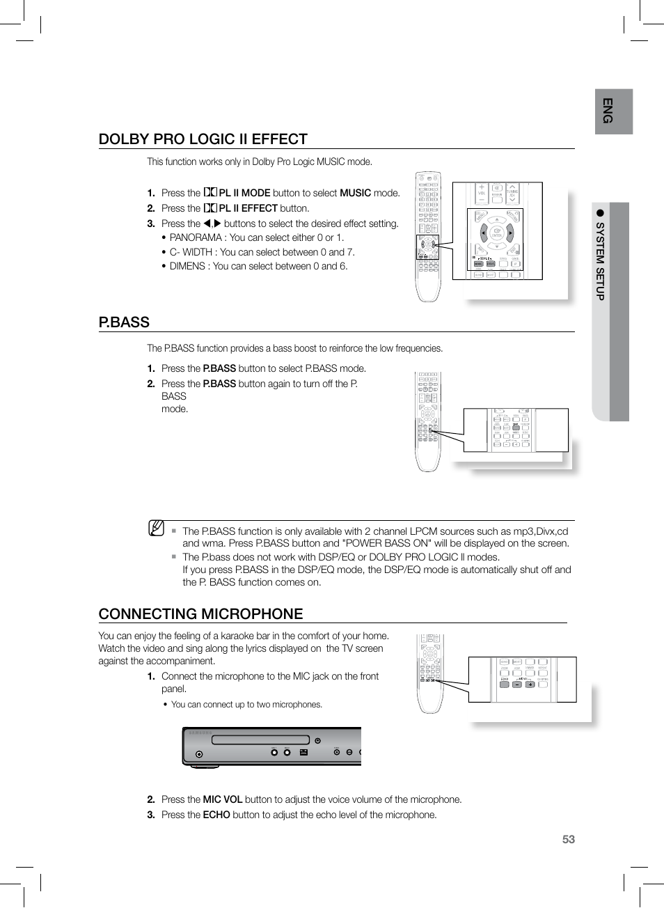 Conecting microphone, Dolby pro logic ii effect, P.bass | Connecting microphone, En g | Samsung HT-TZ222 User Manual | Page 53 / 64