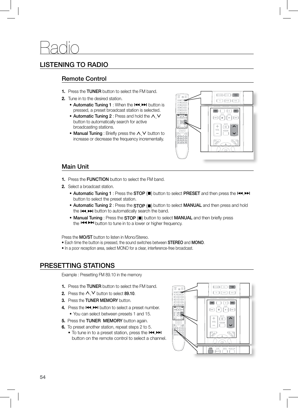 Radio, Listening to radio, Presetting stations | Remote control, Main unit | Samsung HT-TZ222 User Manual | Page 54 / 64