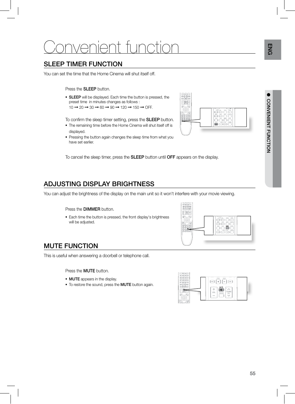 Convenient function, Slep timer function, Adjusting display brightnes | Mute function, Sleep timer function, Adjusting display brightness | Samsung HT-TZ222 User Manual | Page 55 / 64