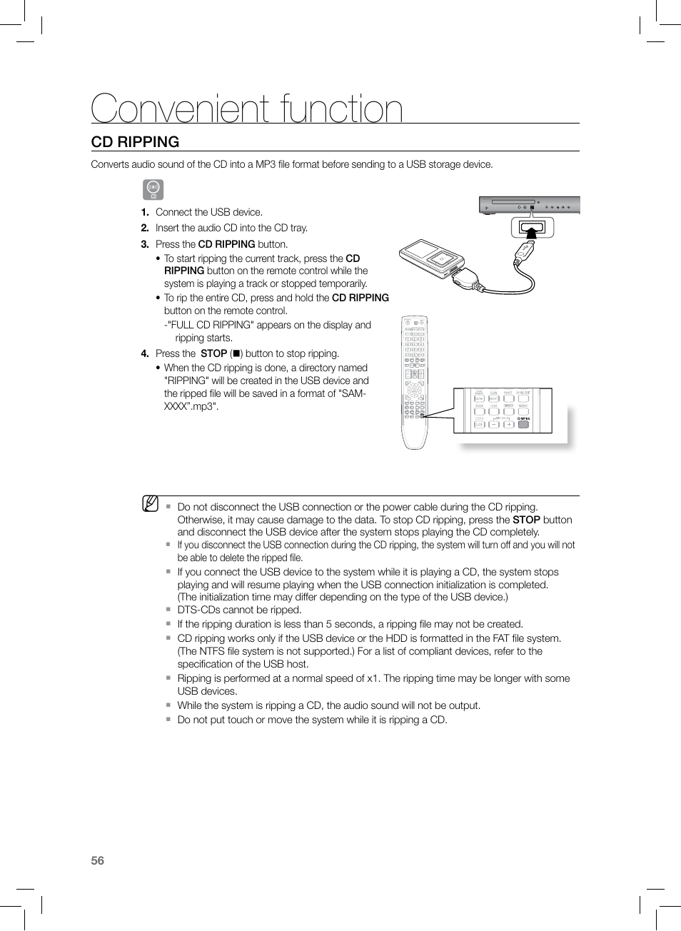 Cd ripping, Convenient function | Samsung HT-TZ222 User Manual | Page 56 / 64