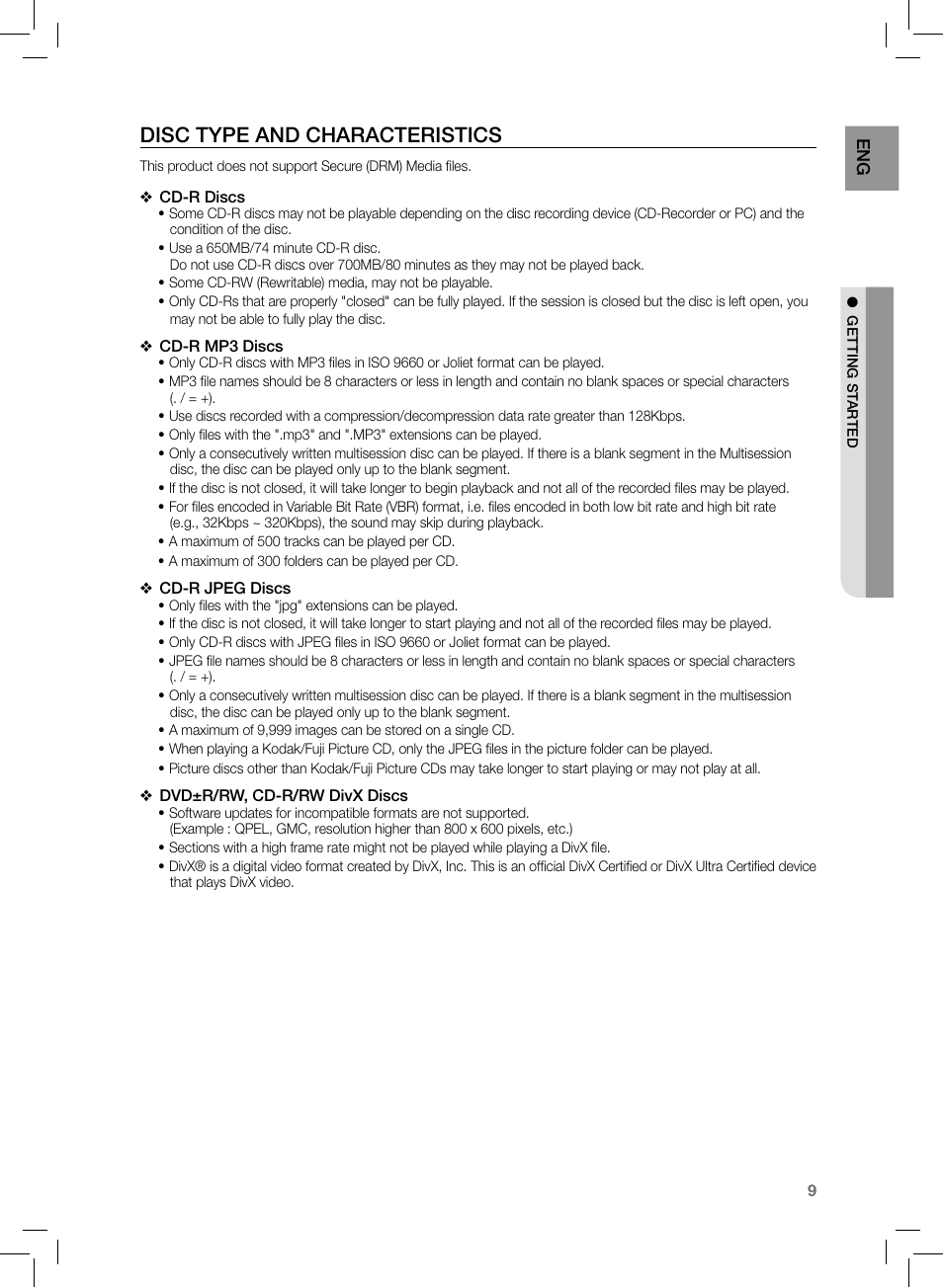 Disc type and characteristics, En g | Samsung HT-TZ222 User Manual | Page 9 / 64