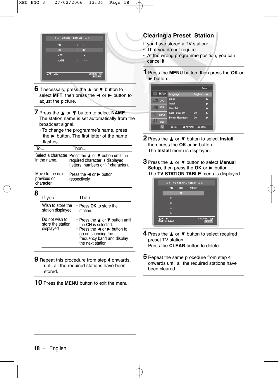 Clearing a preset station, 18 - english, To... then | If you... then | Samsung DVD-V5600 User Manual | Page 18 / 56