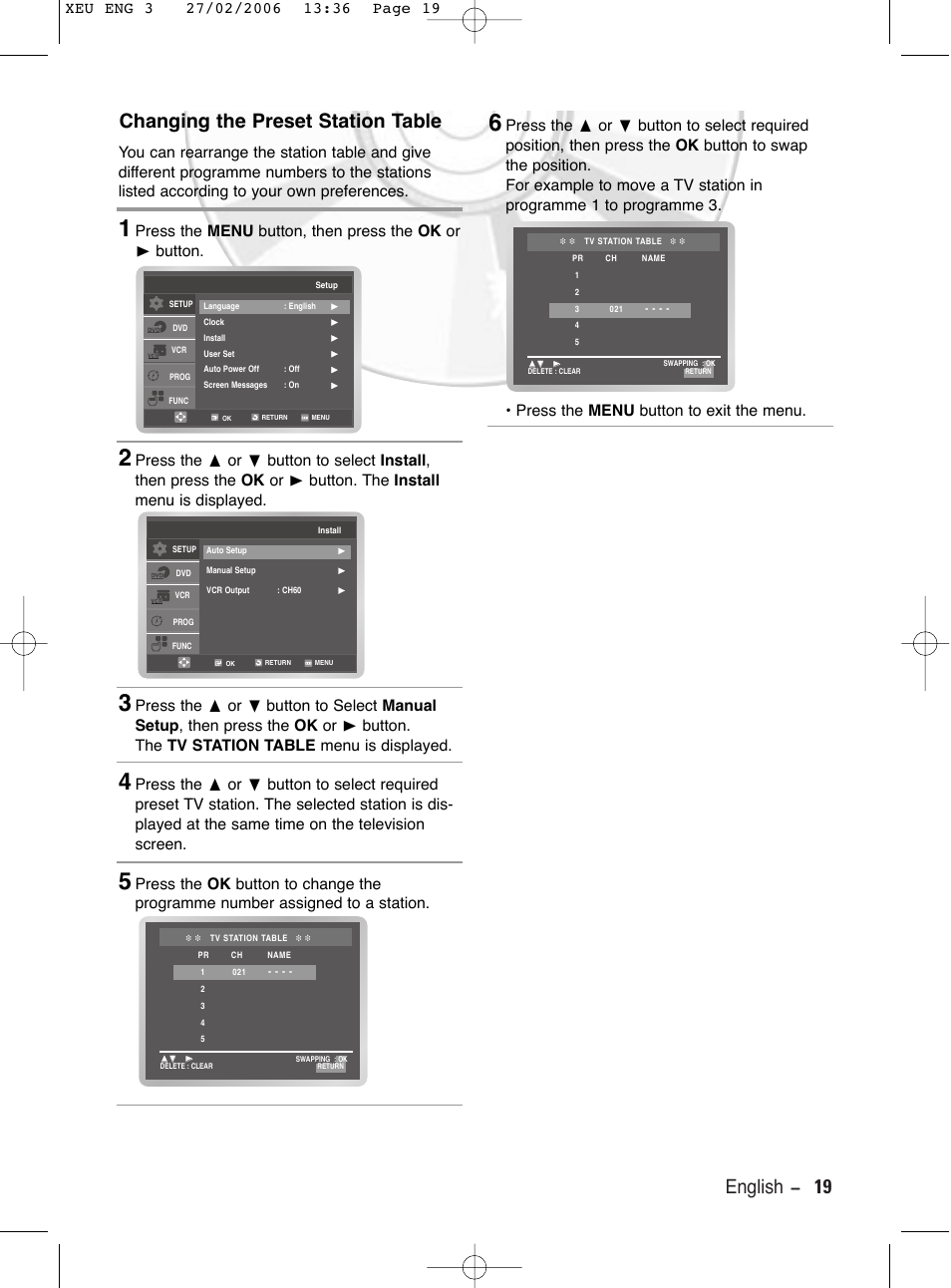 Changing the preset station table, English - 19 | Samsung DVD-V5600 User Manual | Page 19 / 56