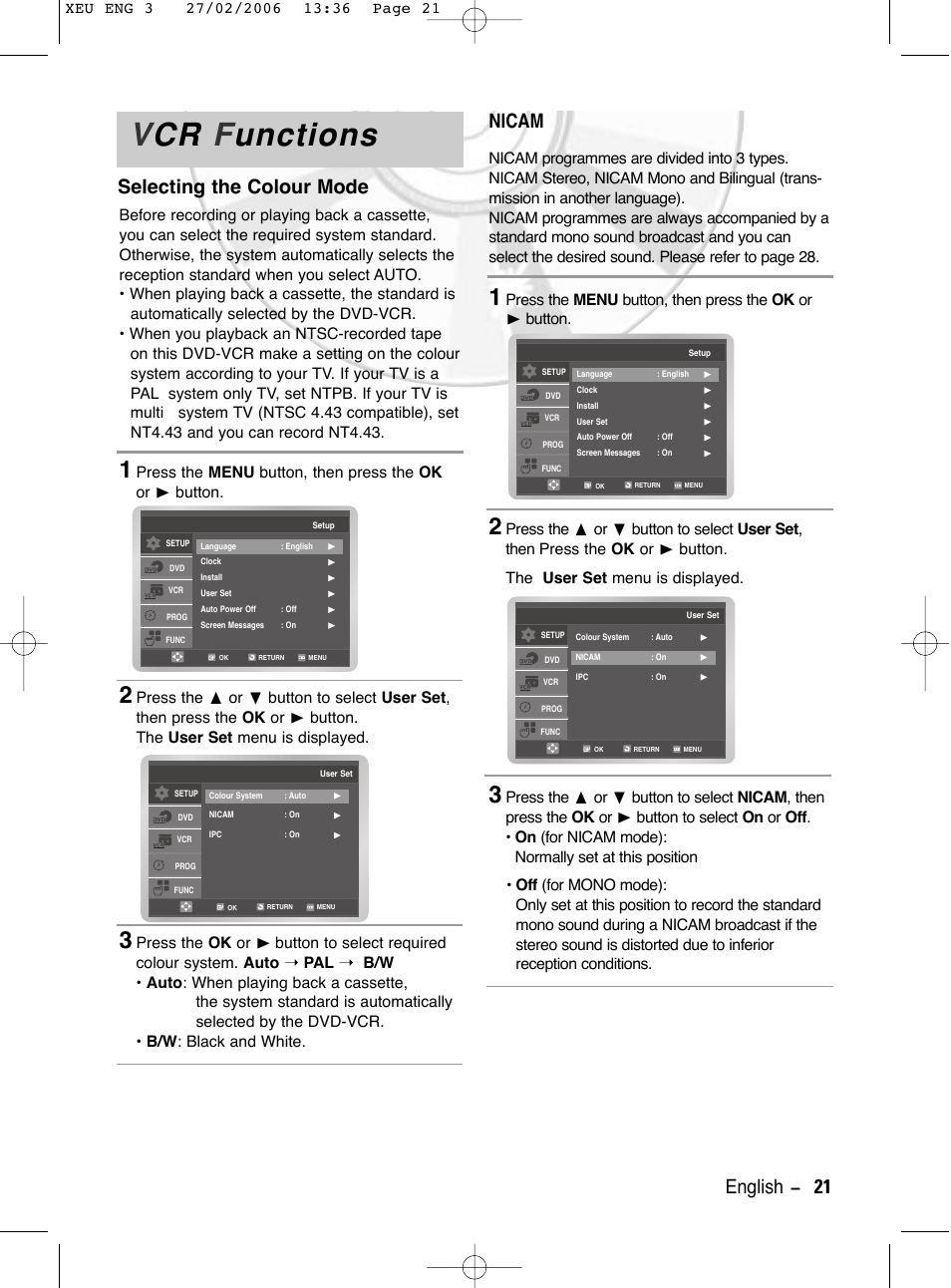 Vcr cr functions, Selecting the colour mode, Nicam | Vcr cr f f unctions unctions, English - 21 | Samsung DVD-V5600 User Manual | Page 21 / 56