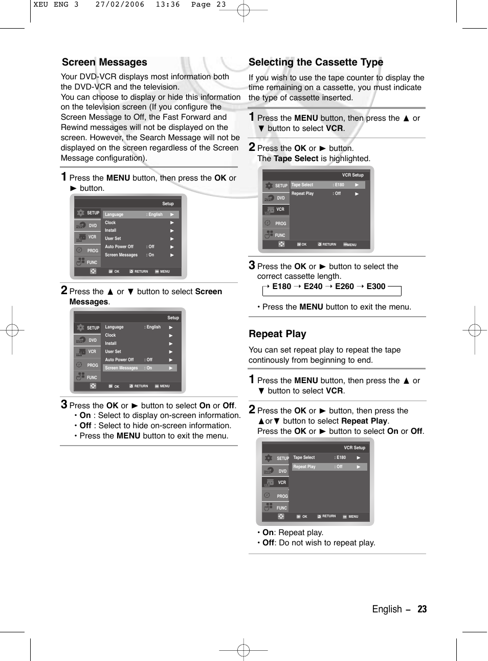 Screen messages, Selecting the cassette type, Repeat play | English - 23 screen messages, Press the  or  button to select screen messages | Samsung DVD-V5600 User Manual | Page 23 / 56