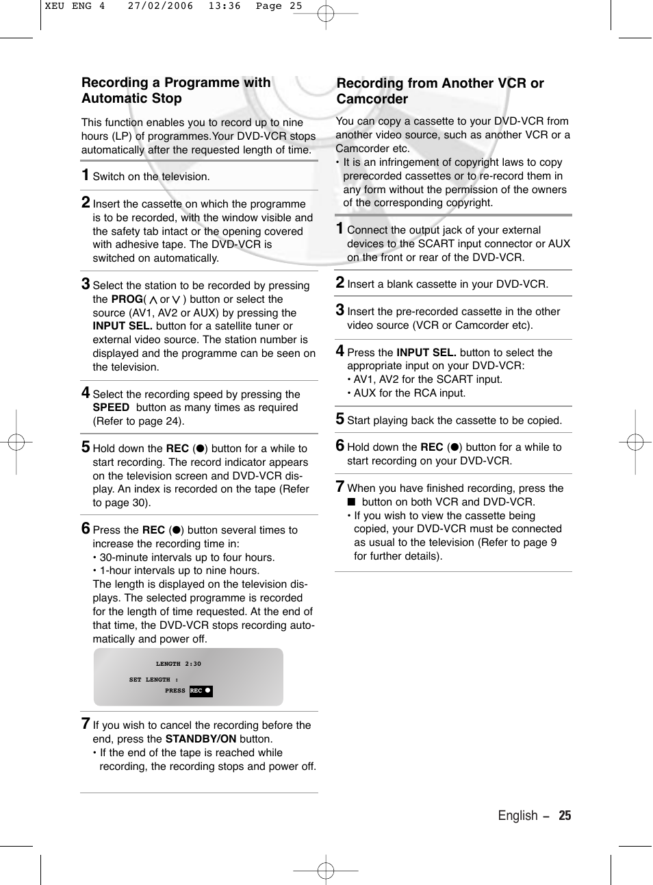 Recording a programme with automatic stop, Recording from another vcr or camcorder | Samsung DVD-V5600 User Manual | Page 25 / 56