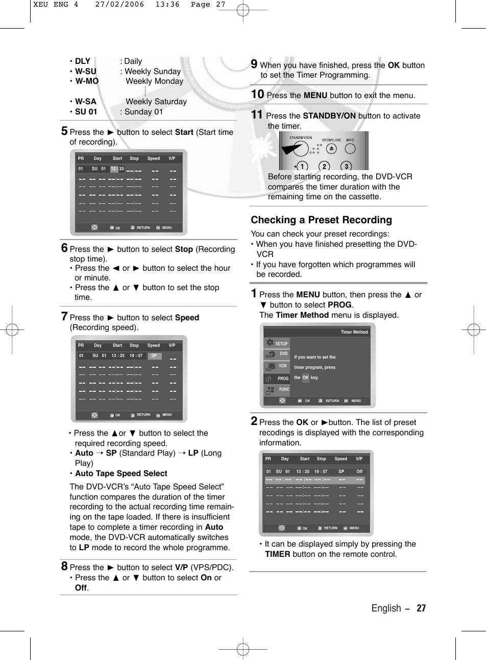 Checking a preset recording, English - 27 | Samsung DVD-V5600 User Manual | Page 27 / 56