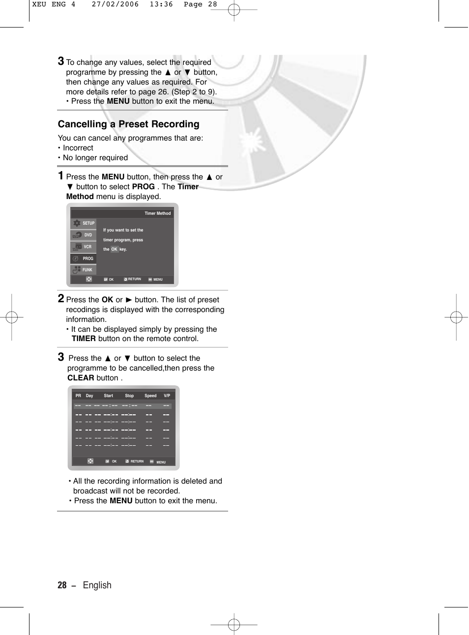 Cancelling a preset recording, 28 - english cancelling a preset recording | Samsung DVD-V5600 User Manual | Page 28 / 56