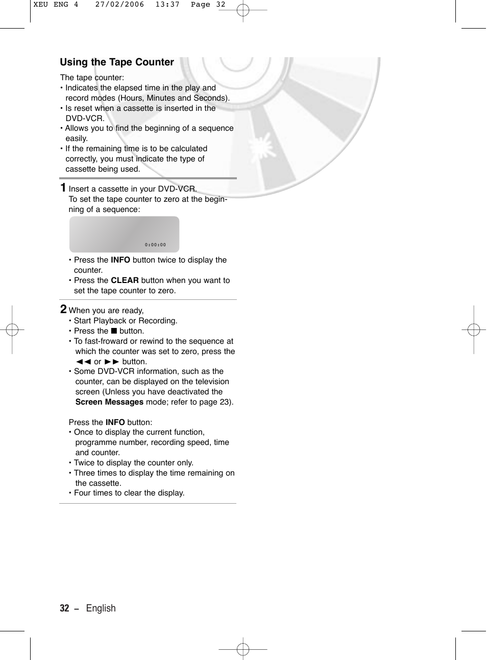 Using the tape counter | Samsung DVD-V5600 User Manual | Page 32 / 56