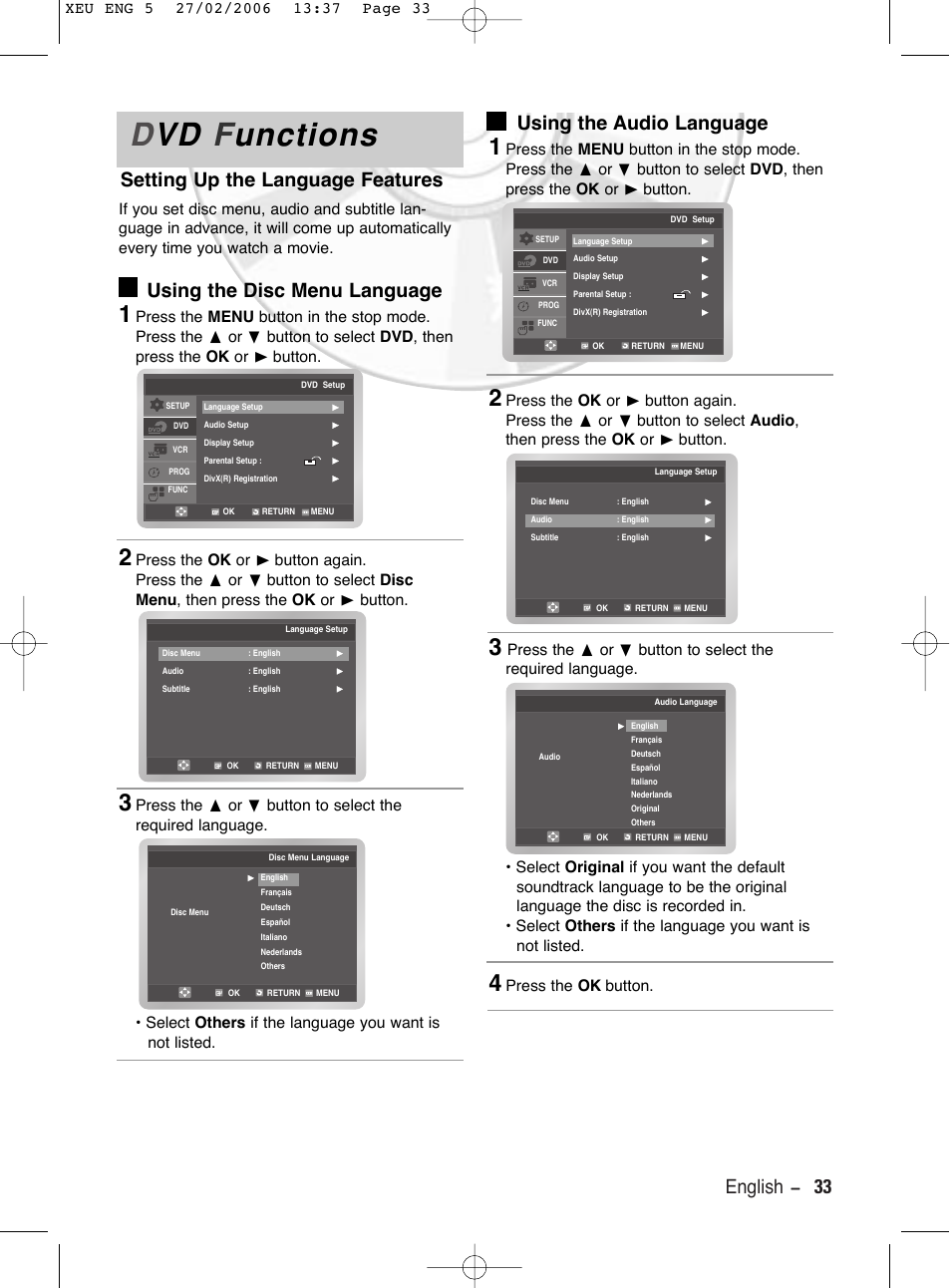 Dvd vd functions, Using the disc menu language, Using the audio language | Dvd vd f f unctions unctions, English - 33 setting up the language features | Samsung DVD-V5600 User Manual | Page 33 / 56