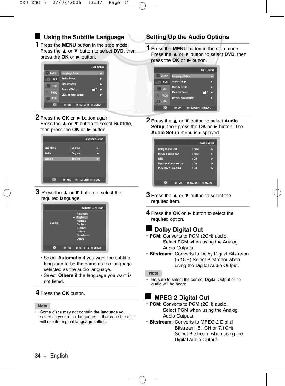 Using the subtitle language, Setting up the audio options, Dolby digital out | Mpeg-2 digital out, Press the ok button | Samsung DVD-V5600 User Manual | Page 34 / 56