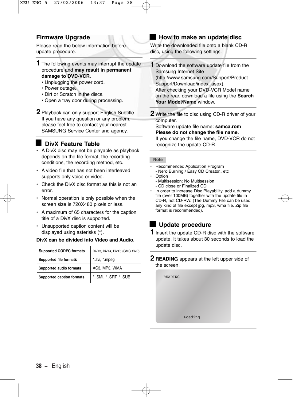 Firmware upgrade, Divx feature table, How to make an update disc | Update procedure, 38 - english firmware upgrade | Samsung DVD-V5600 User Manual | Page 38 / 56