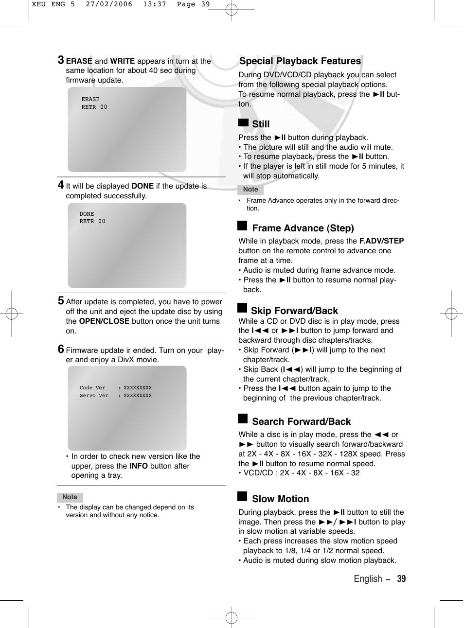 Special playback features, Still, Frame advance (step) | Skip forward/back, Search forward/back, Slow motion | Samsung DVD-V5600 User Manual | Page 39 / 56