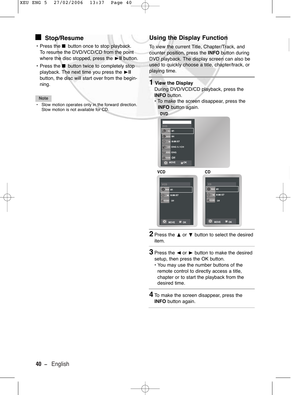 Stop/resume, Using the display function, 40 - english stop/resume | Samsung DVD-V5600 User Manual | Page 40 / 56