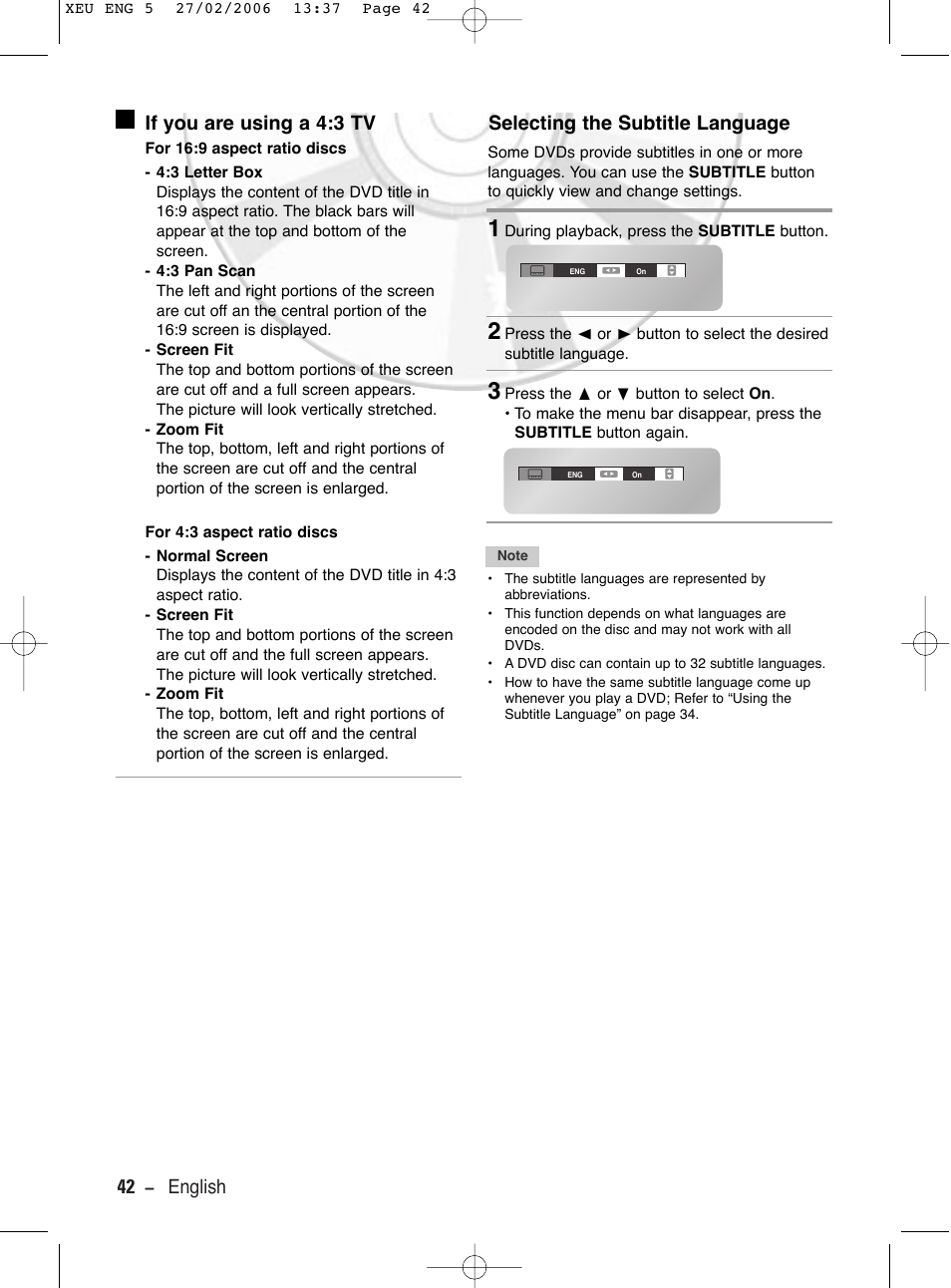 If you are using a 4:3 tv, Selecting the subtitle language, 42 - english if you are using a 4:3 tv | Samsung DVD-V5600 User Manual | Page 42 / 56