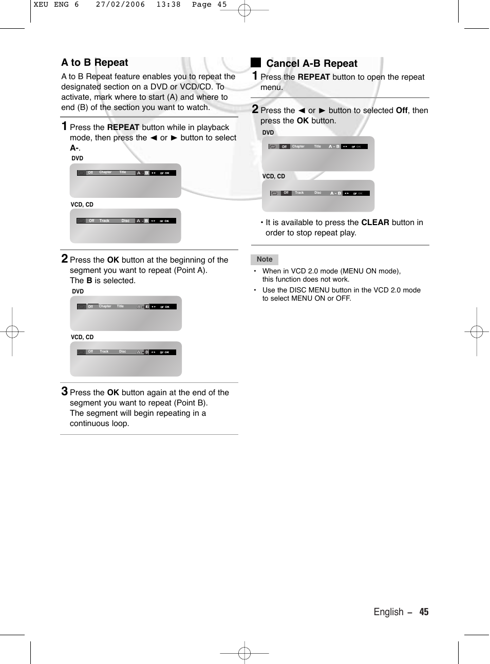 A to b repeat, Cancel a-b repeat, English - 45 cancel a-b repeat | Samsung DVD-V5600 User Manual | Page 45 / 56