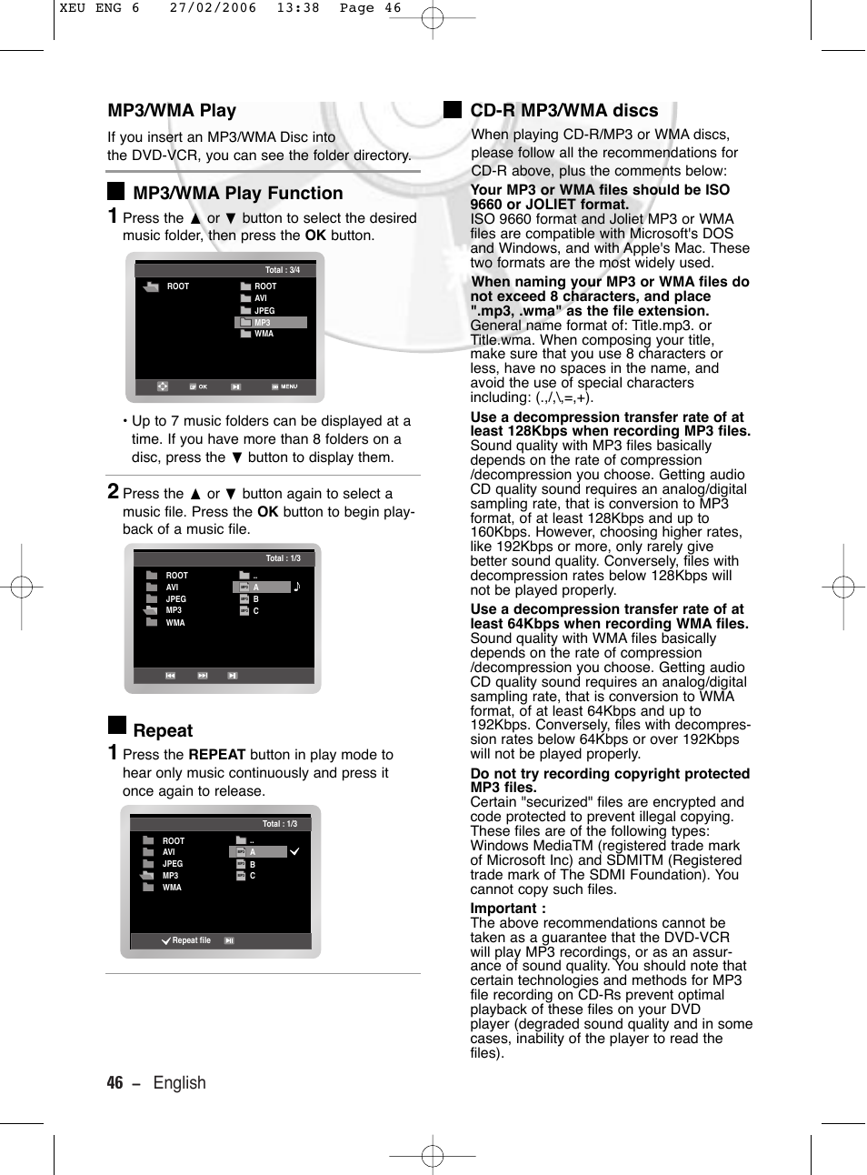 Mp3/wma play, Mp3/wma play function, Repeat | Cd-r mp3/wma discs, 46 - english mp3/wma play | Samsung DVD-V5600 User Manual | Page 46 / 56