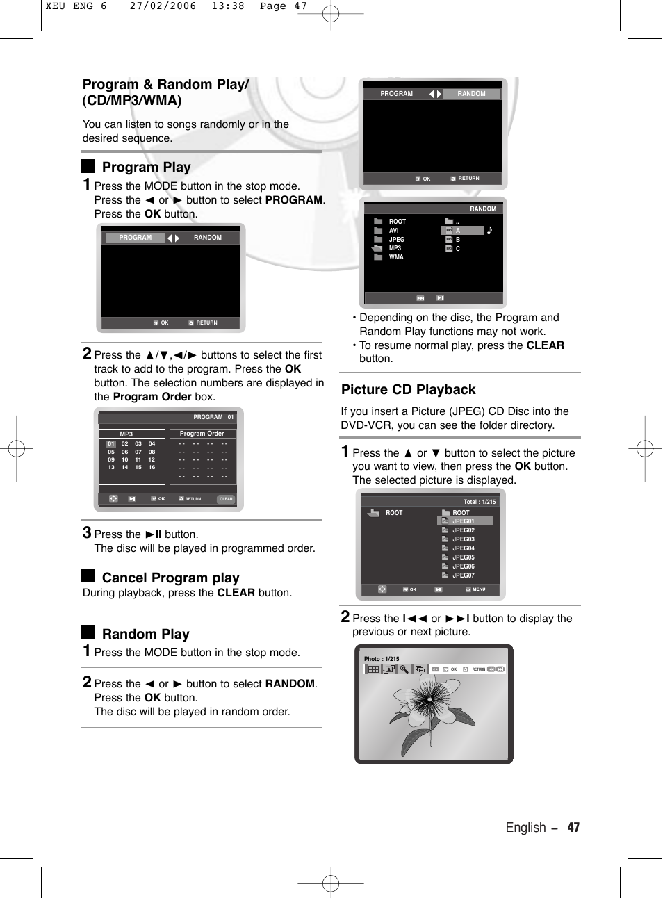 Program & random play/ (cd/mp3/wma), Program play, Cancel program play | Random play, Picture cd playback, English - 47, During playback, press the clear button, Press the mode button in the stop mode | Samsung DVD-V5600 User Manual | Page 47 / 56