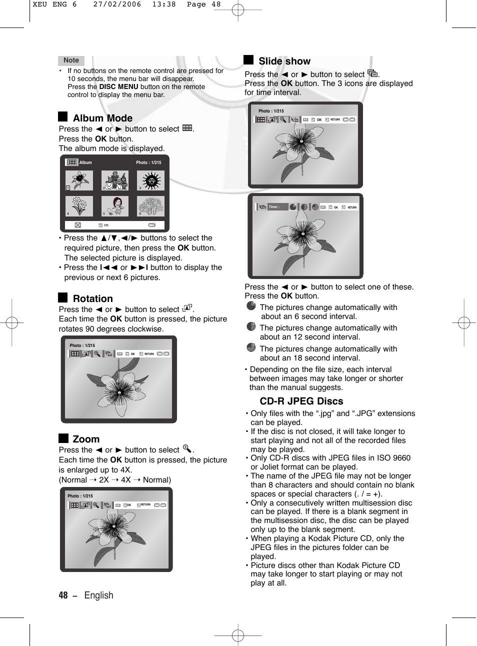 Album mode, Rotation, Zoom | Slide show return, Cd-r jpeg discs, 48 - english, Slide show | Samsung DVD-V5600 User Manual | Page 48 / 56