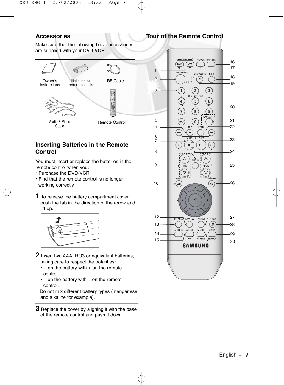 Accessories, Inserting batteries in the remote control, Tour of the remote control | English - 7 | Samsung DVD-V5600 User Manual | Page 7 / 56