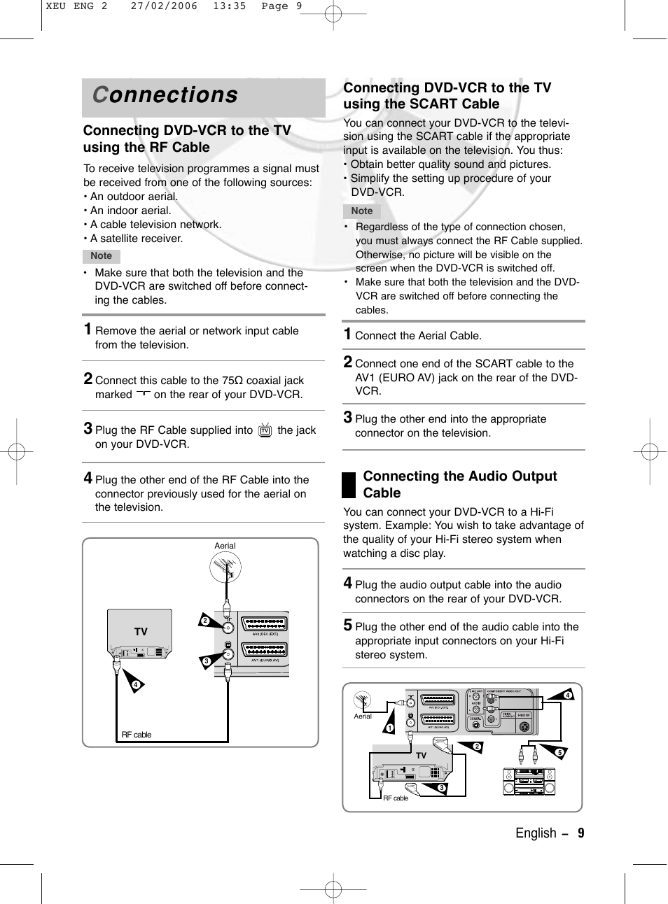 Connections, Connecting dvd-vcr to the tv using the rf cable, Connecting dvd-vcr to the tv using the scart cable | Connecting the audio output cable, Connections onnections | Samsung DVD-V5600 User Manual | Page 9 / 56