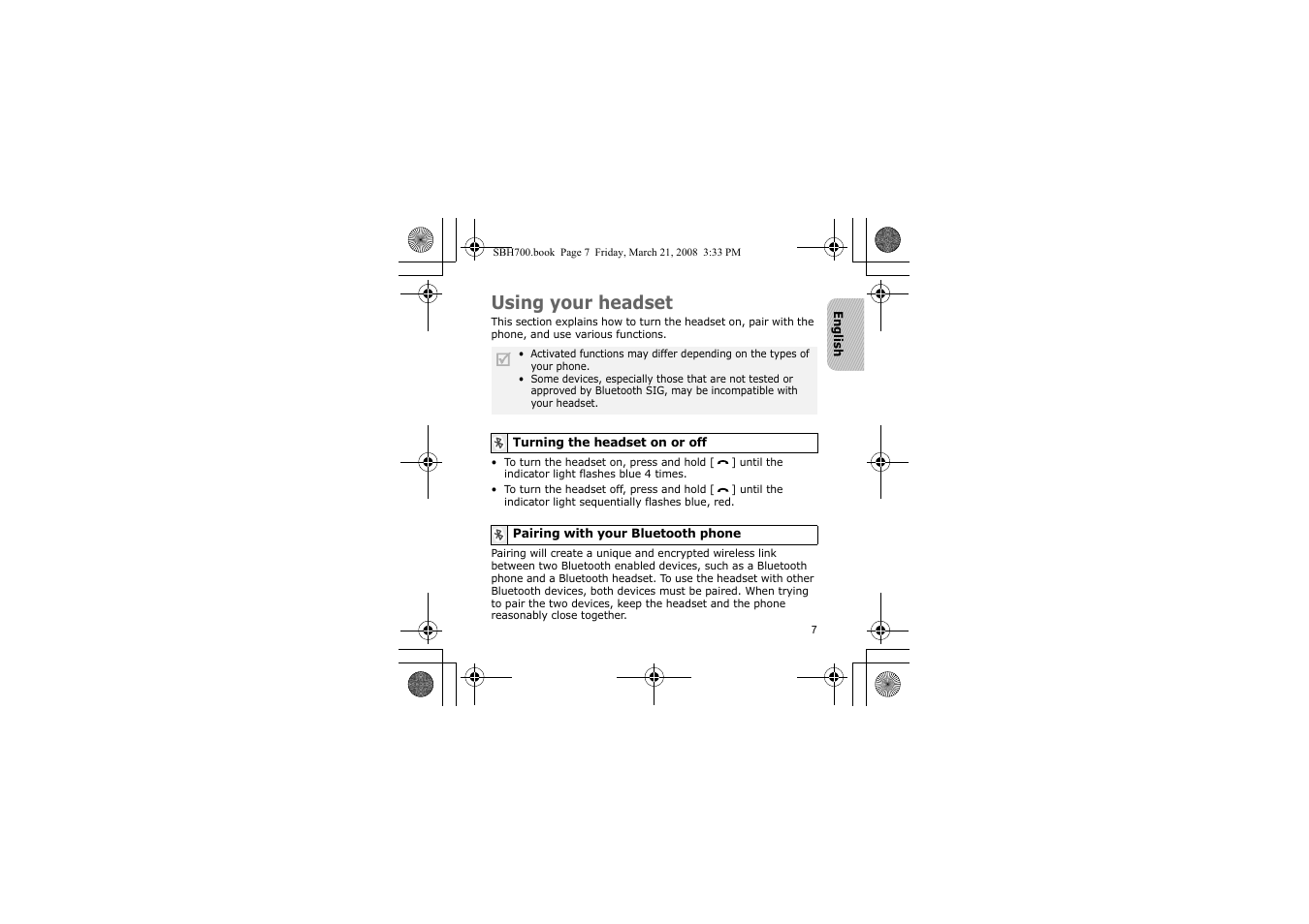 Using your headset, Turning the headset on or off, 7 pairing with your bluetooth phone | Samsung SBH700 User Manual | Page 10 / 94