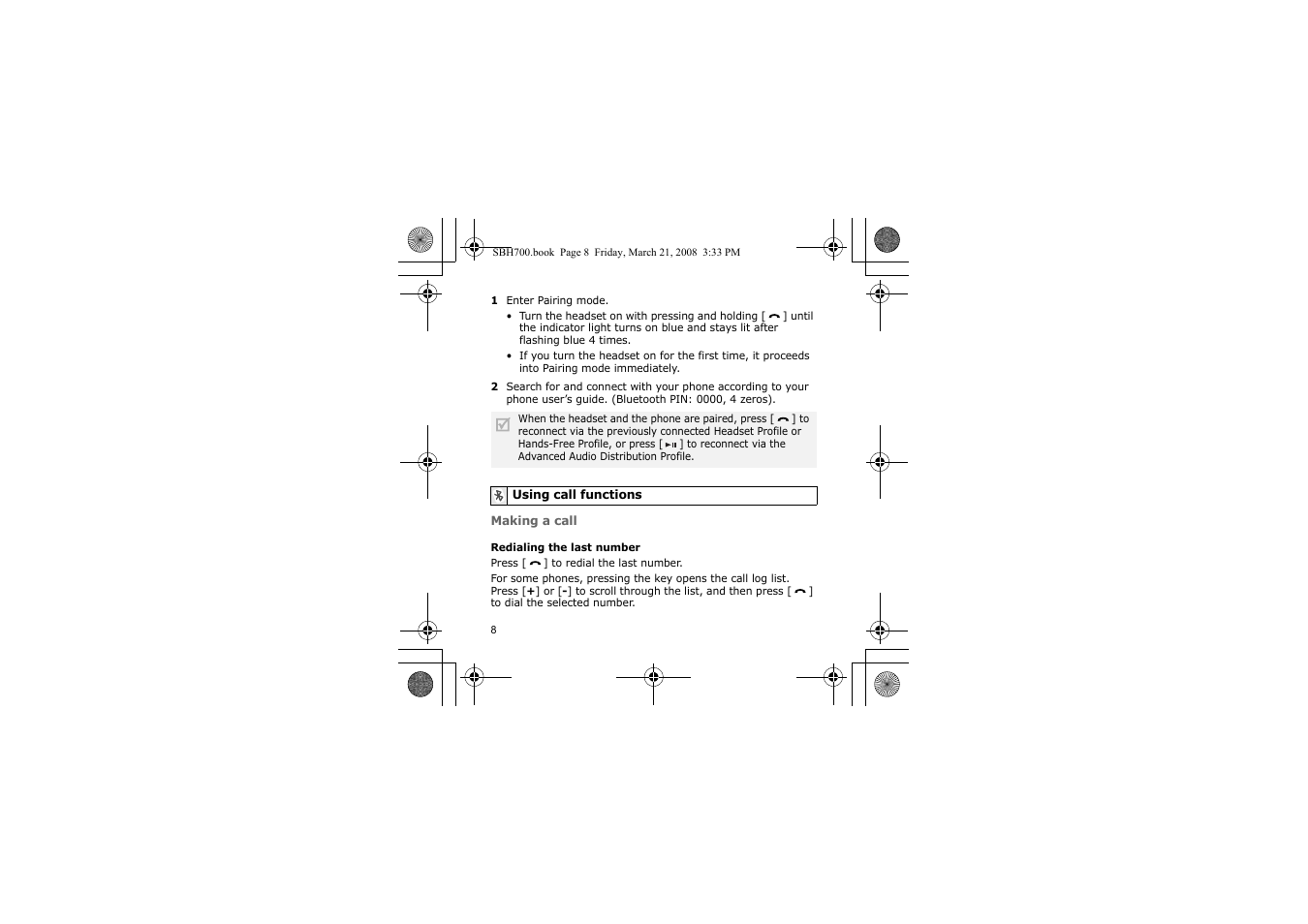 Using call functions | Samsung SBH700 User Manual | Page 11 / 94