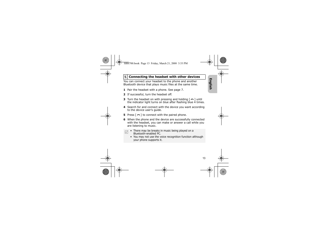 Connecting the headset with other devices | Samsung SBH700 User Manual | Page 16 / 94