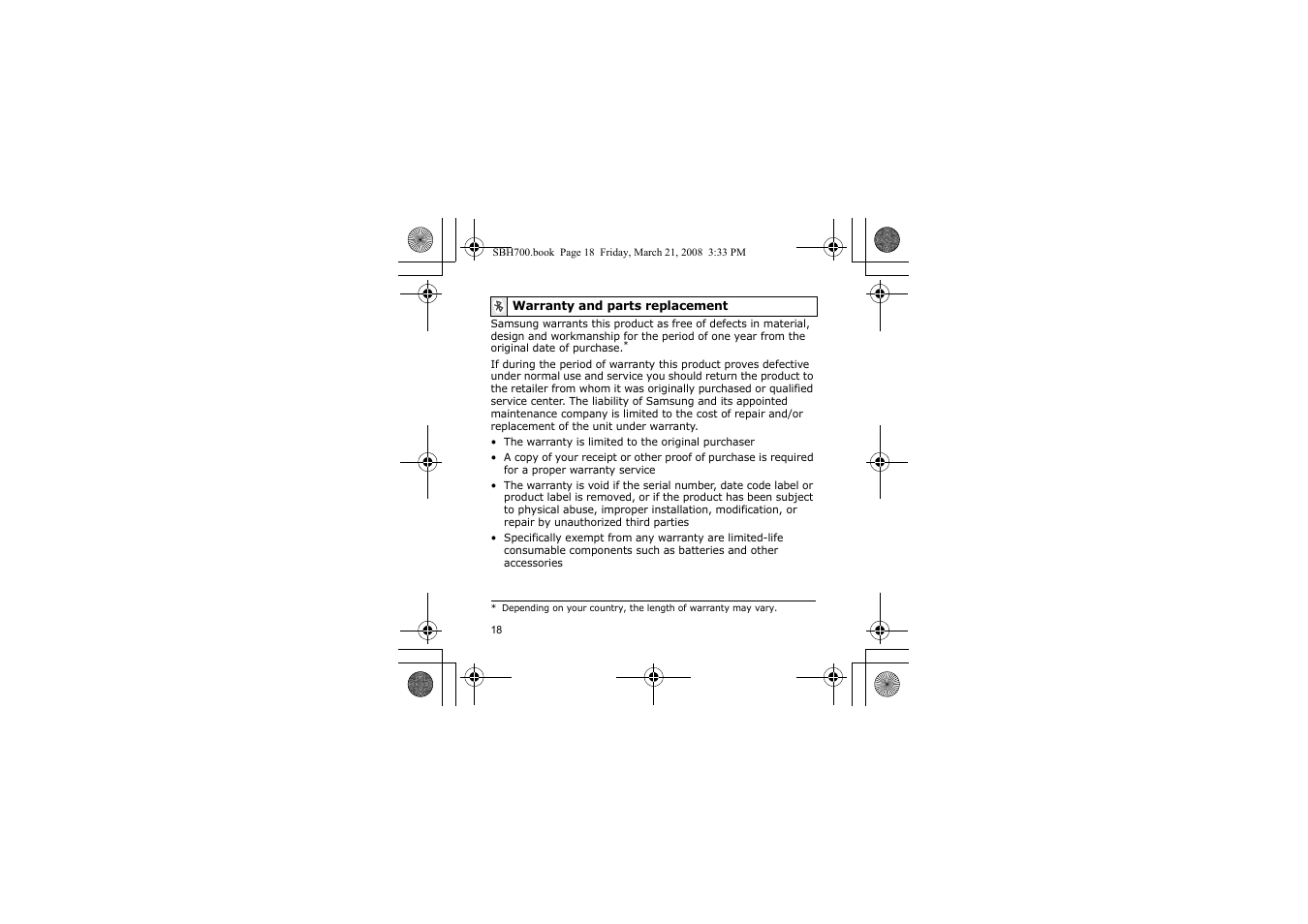 Warranty and parts replacement | Samsung SBH700 User Manual | Page 21 / 94