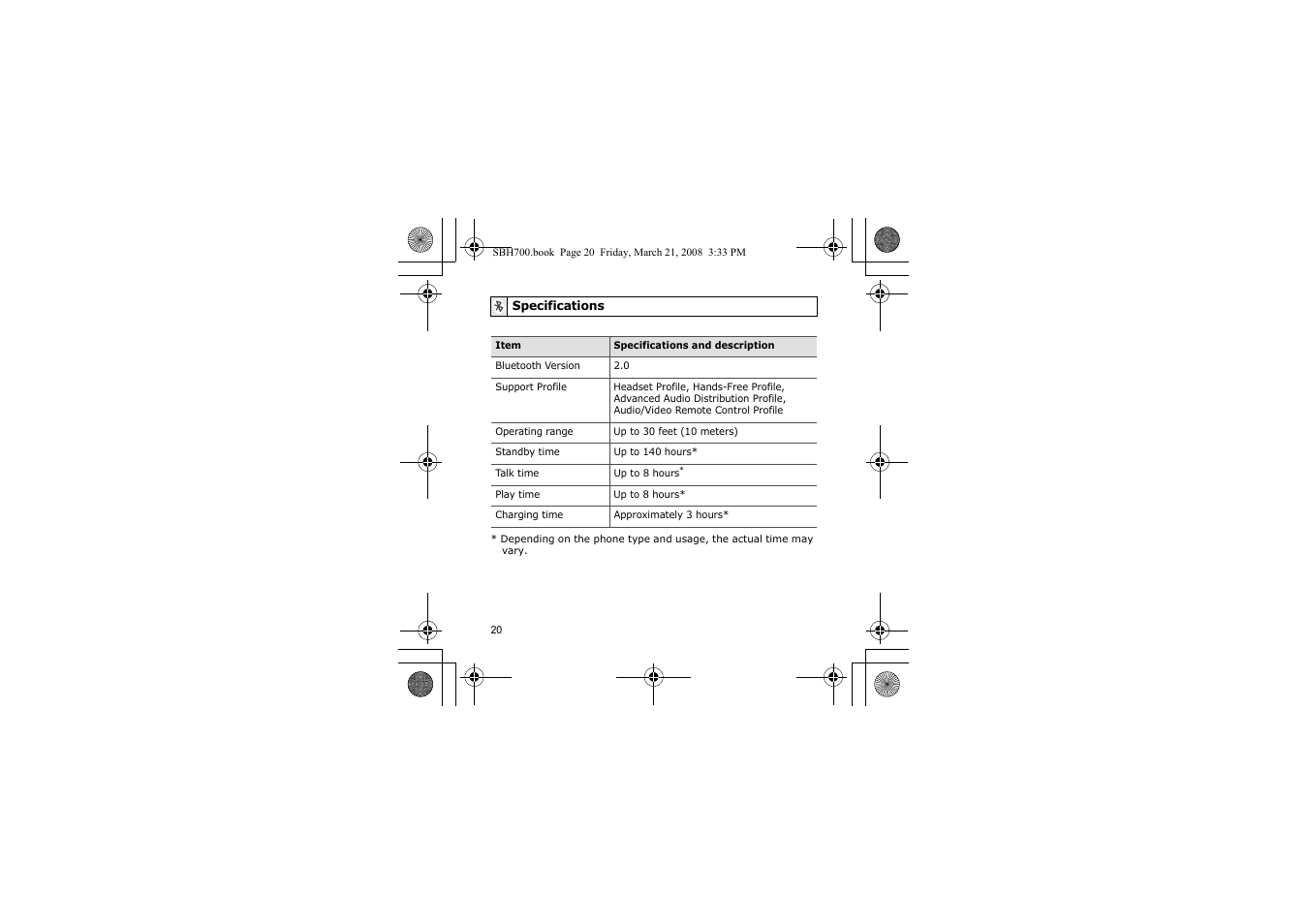Specifications | Samsung SBH700 User Manual | Page 23 / 94