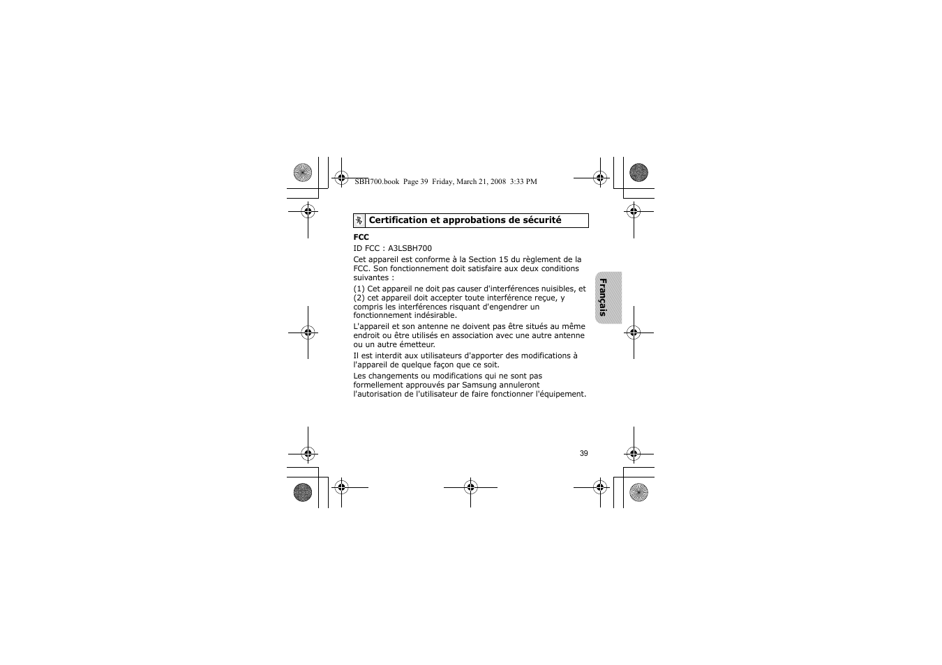 Certification et approbations de sécurité | Samsung SBH700 User Manual | Page 42 / 94