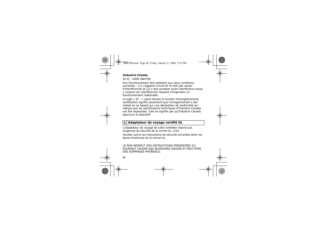 Adaptateur de voyage certifié ul | Samsung SBH700 User Manual | Page 43 / 94