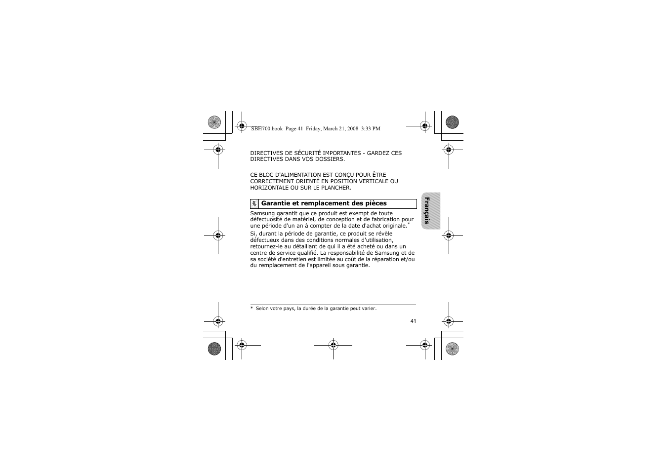 Garantie et remplacement des pièces | Samsung SBH700 User Manual | Page 44 / 94