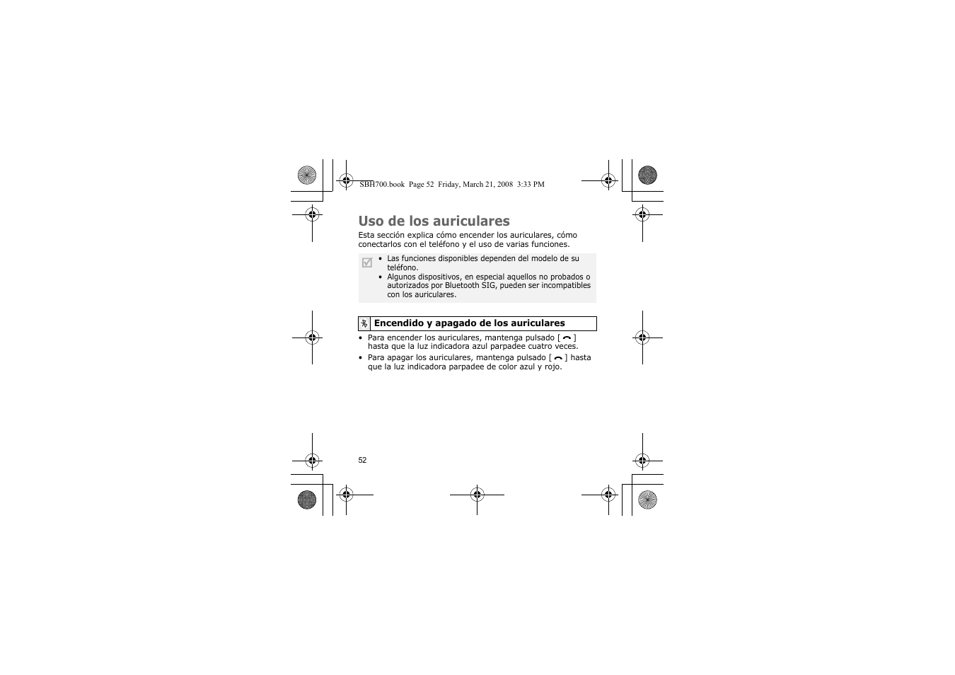 Uso de los auriculares, Encendido y apagado de los auriculares | Samsung SBH700 User Manual | Page 55 / 94