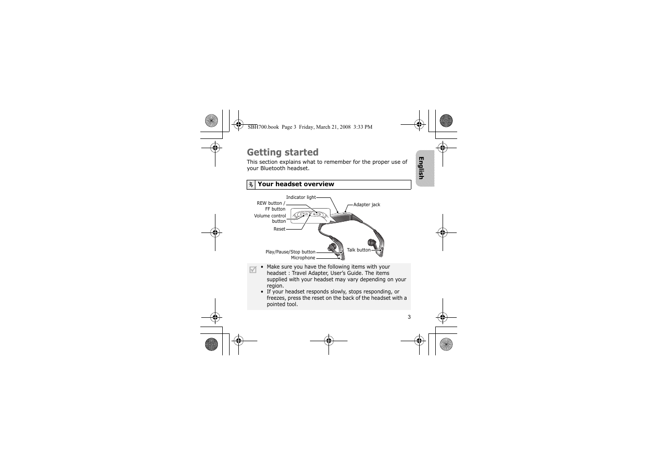 Getting started, Your headset overview | Samsung SBH700 User Manual | Page 6 / 94