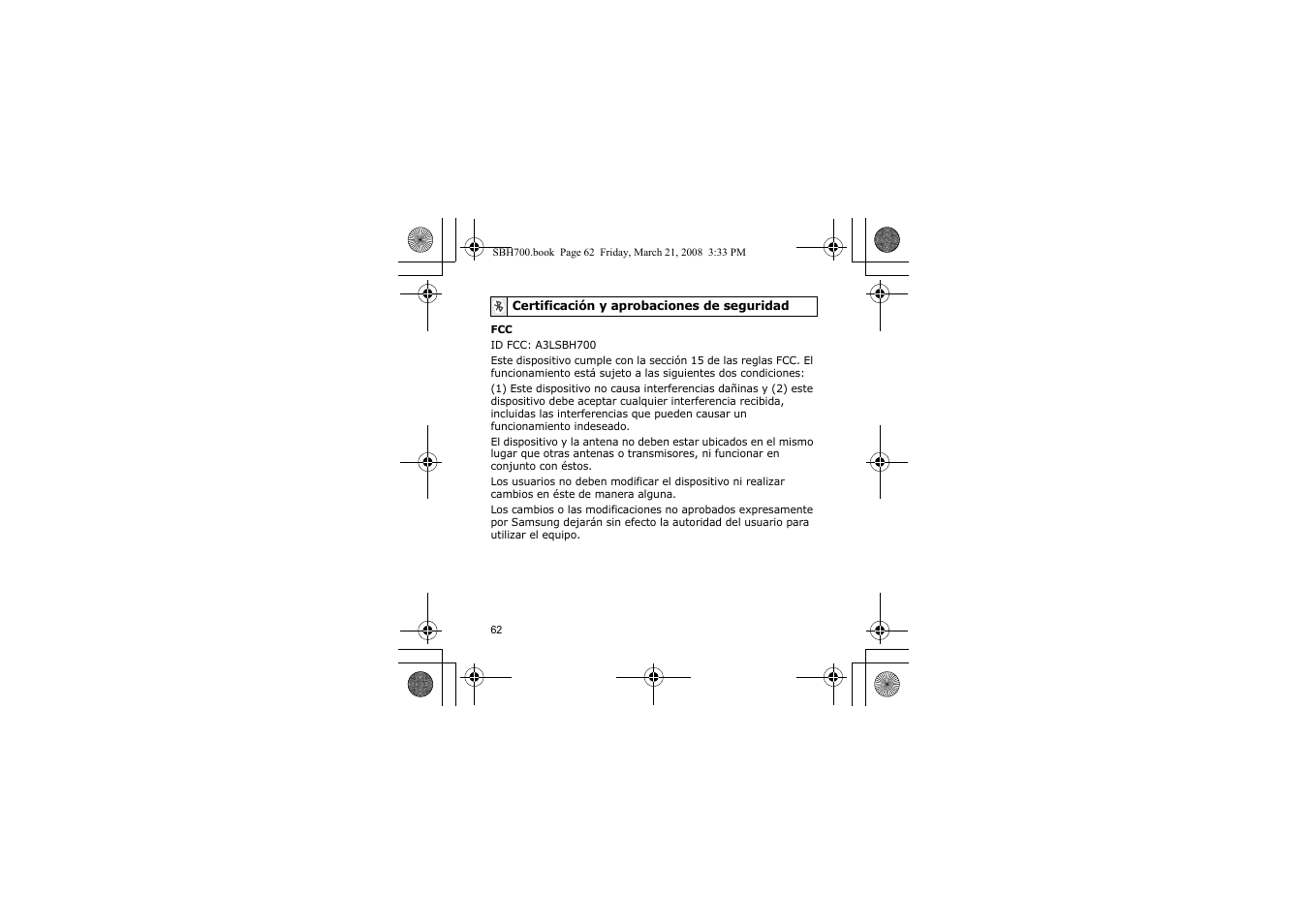 Certificación y aprobaciones de seguridad | Samsung SBH700 User Manual | Page 65 / 94