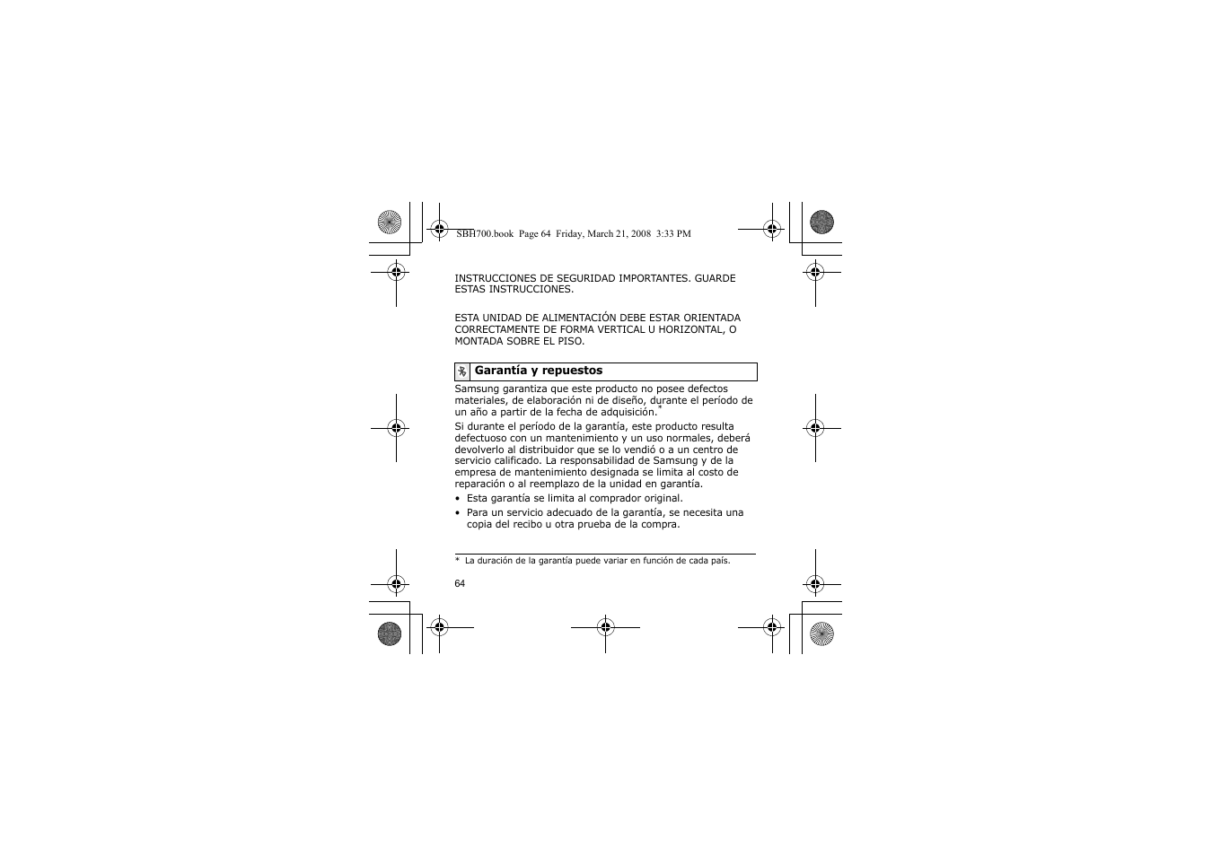 Garantía y repuestos | Samsung SBH700 User Manual | Page 67 / 94