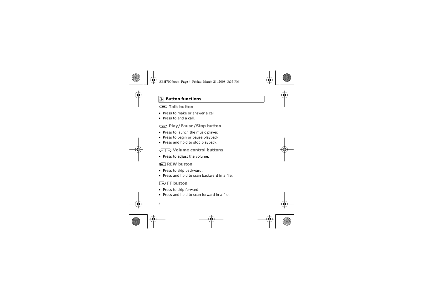 Button functions | Samsung SBH700 User Manual | Page 7 / 94