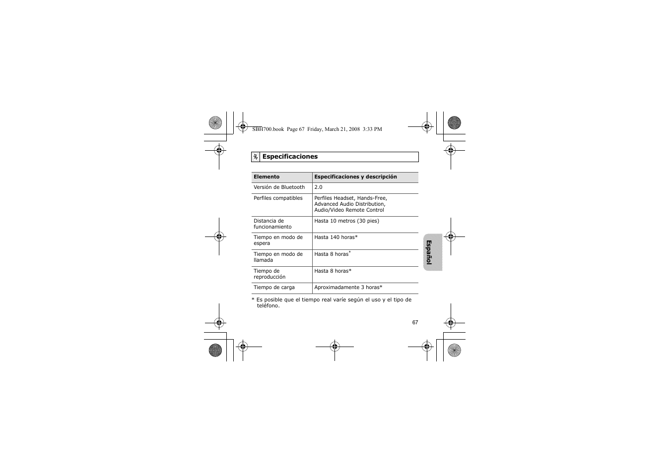 Especificaciones | Samsung SBH700 User Manual | Page 70 / 94