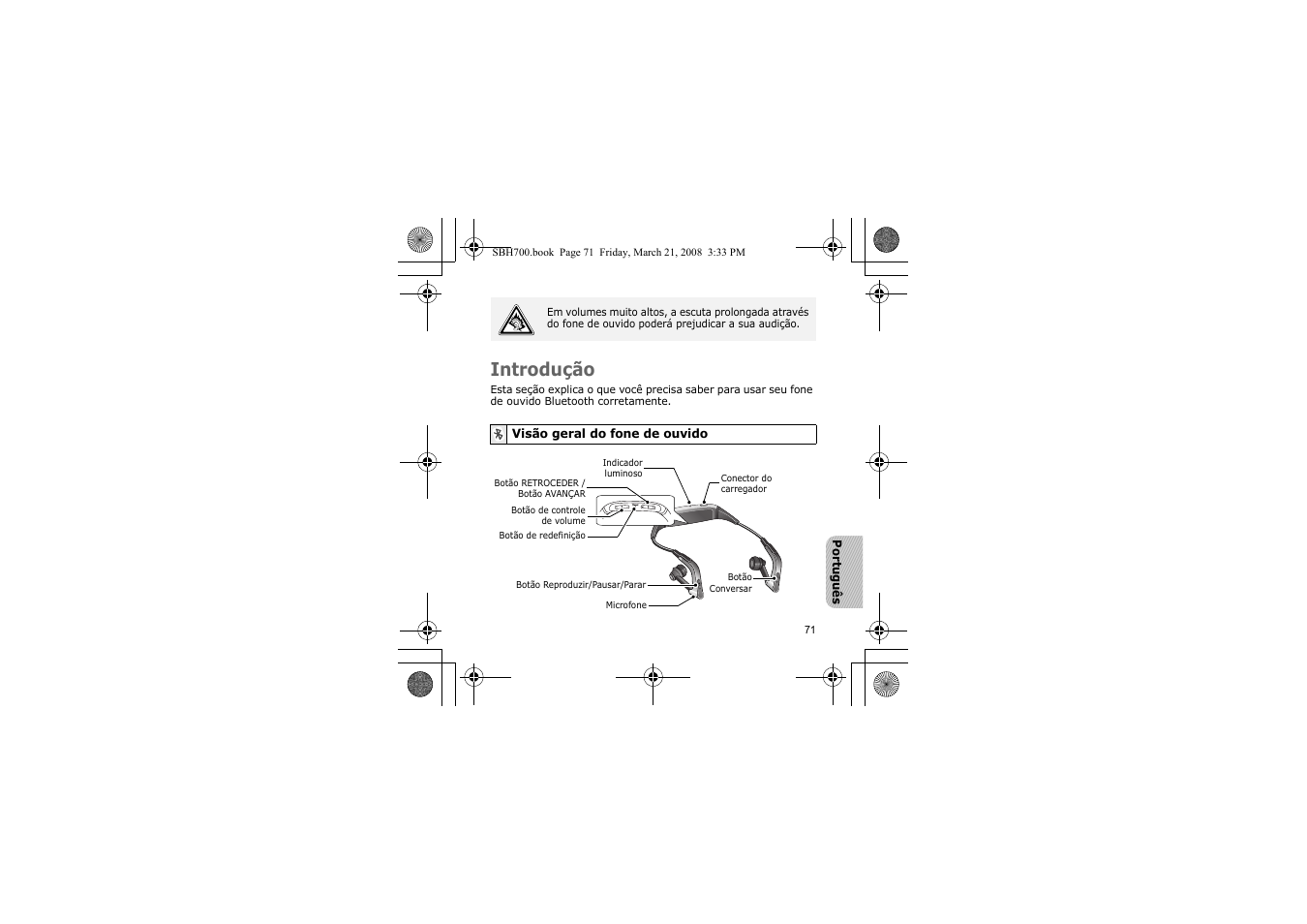 Introdução, Visão geral do fone de ouvido | Samsung SBH700 User Manual | Page 74 / 94