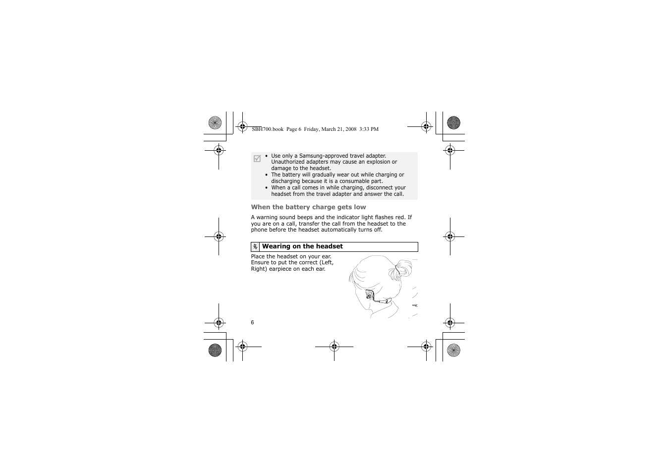 Wearing on the headset | Samsung SBH700 User Manual | Page 9 / 94