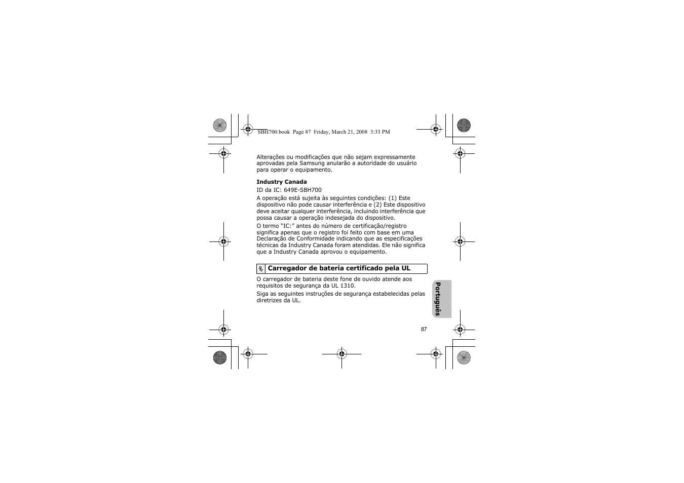 Carregador de bateria certificado pela ul | Samsung SBH700 User Manual | Page 90 / 94