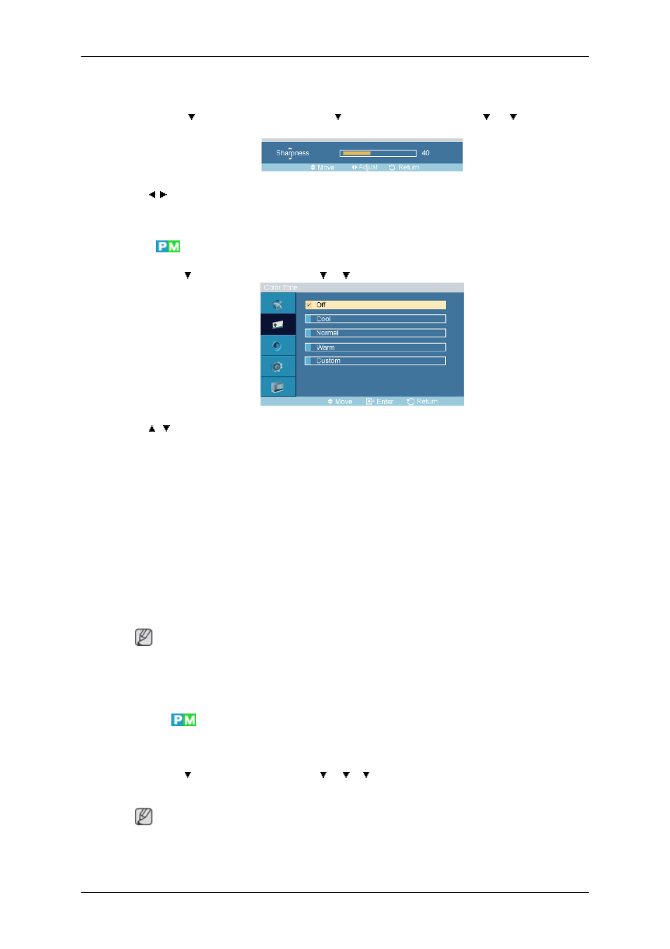 Sharpness, Color tone, Color control | Samsung 400TSn User Manual | Page 55 / 115